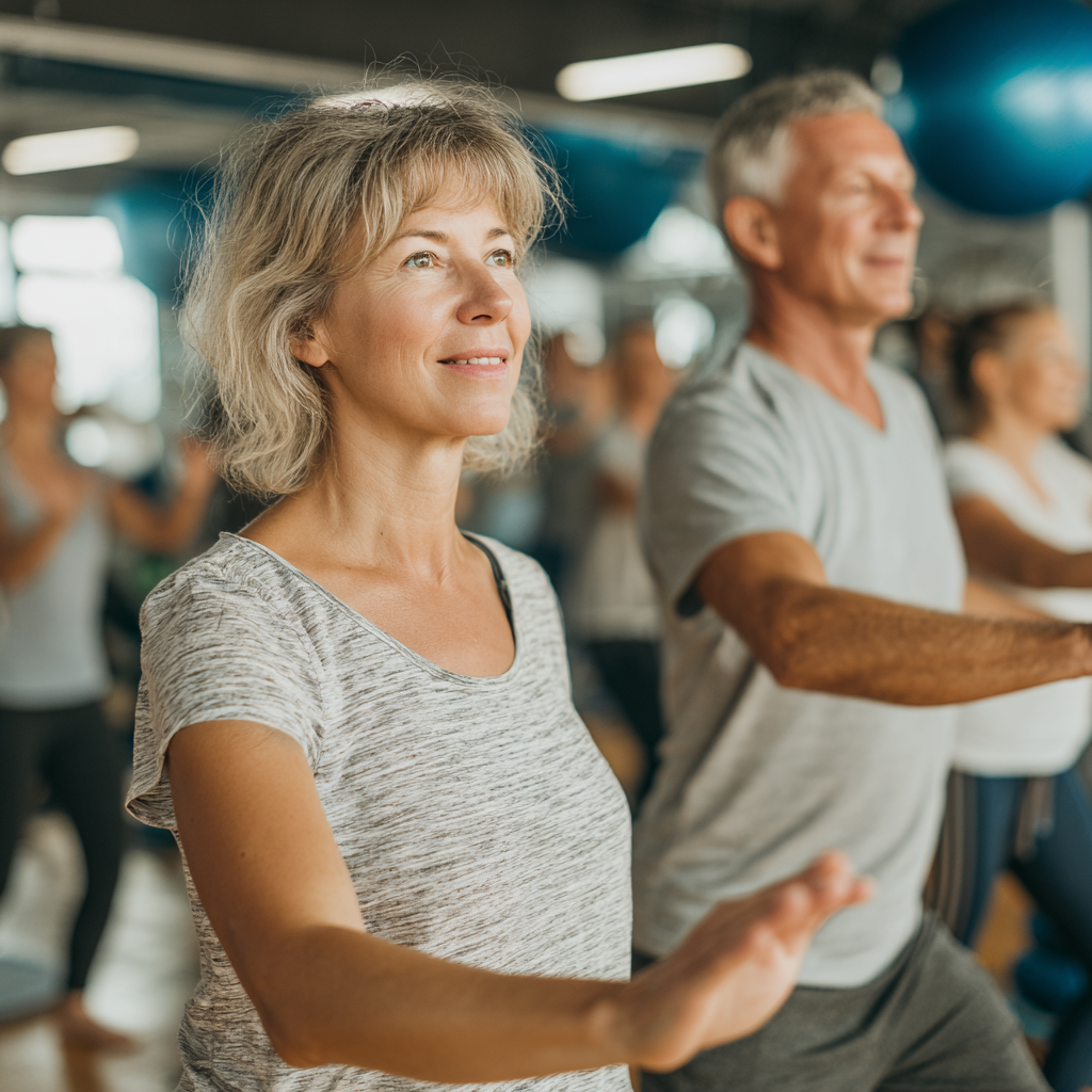 Middle-aged adults participating in gentle fitness training session